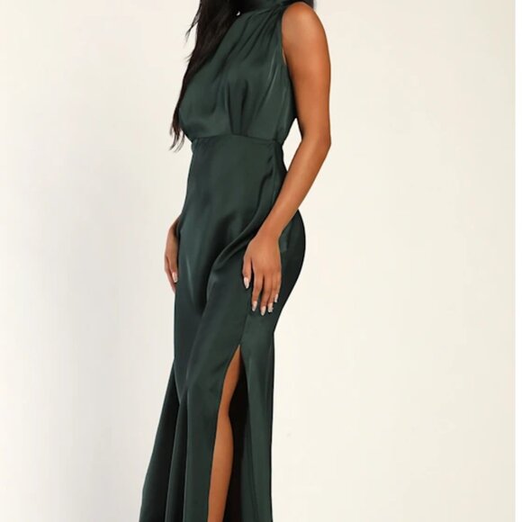 Lulus Classic Elegance Green Satin Sleeveless Mock Neck Maxi Dress - Size M - Picture 2 of 2